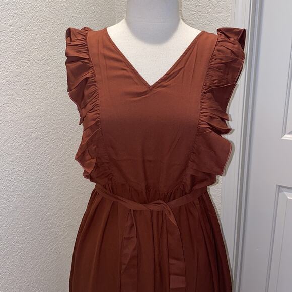 Vero Moda Odette Brown Ruffle Calf Dress NWT Sz M Women’s Polyester Tie Back - Picture 2 of 15